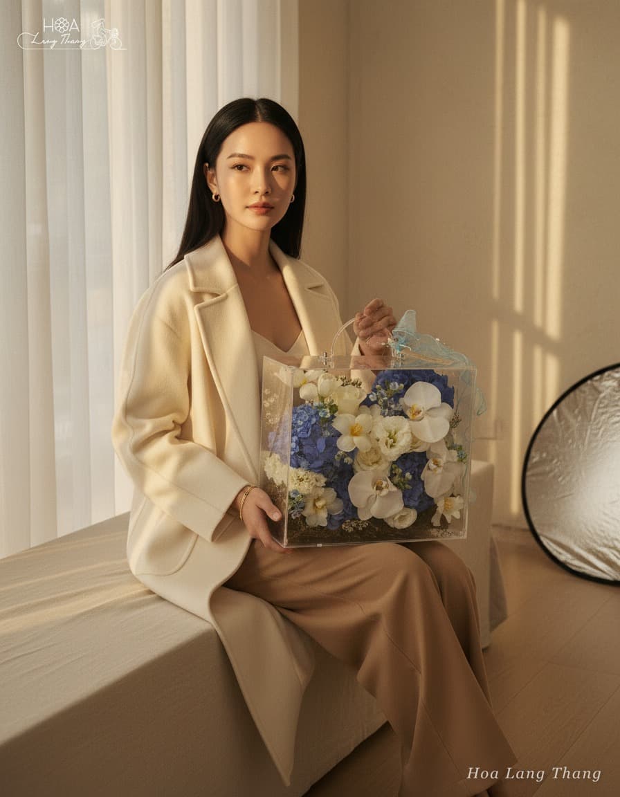 Hộp mica tú cầu xanh Xanh Trắng